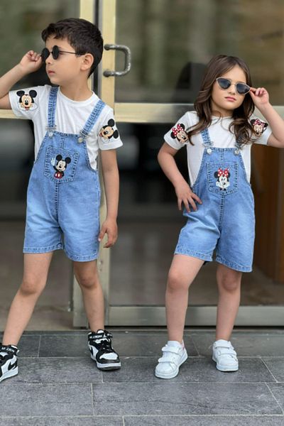 BEREKET BABY Unisex Stitch Embroidered Sister Combination – Girls & Boys Overalls Set (2-5 Years)