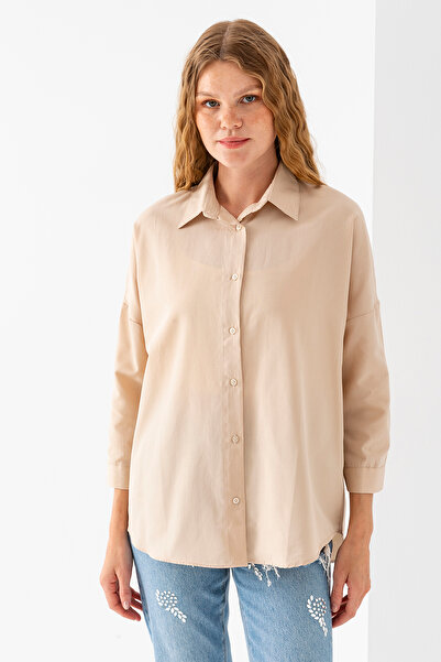 GİYSA Γυναικείο μπεζ μακρυμάνικο βασικό βαμβακερό πουκάμισο oversize - 3900