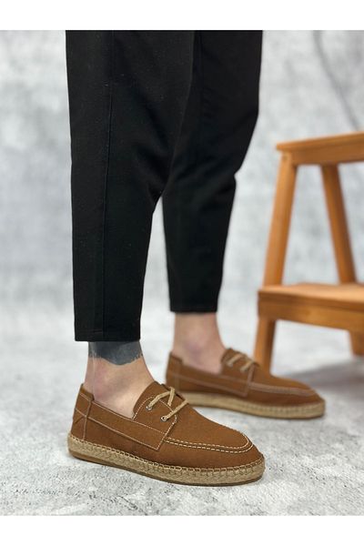 pabucmarketi Lace Detailed Natural Leather Powder Rubber Handmade Espadrille Men's Shoes Tan