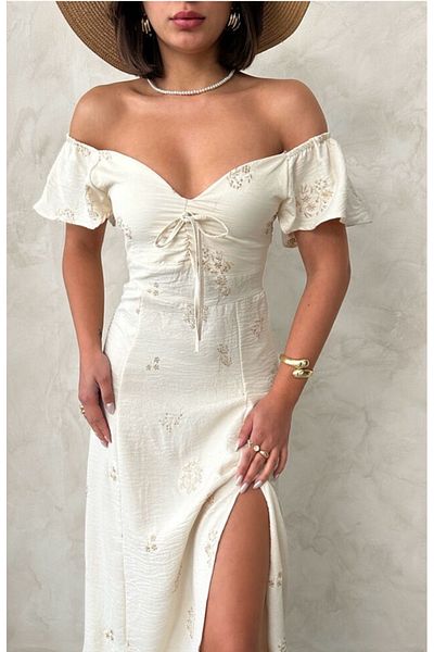TOPSHOW Embroidered Midi Dress with Ruffled Sleeves