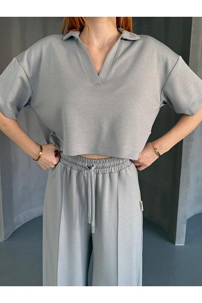 Cappmoda Tkm-1112 Painting Gray Modal Fabric Polo V-Neck Blouse Waist Elastic Palazzo Bottom Double Set