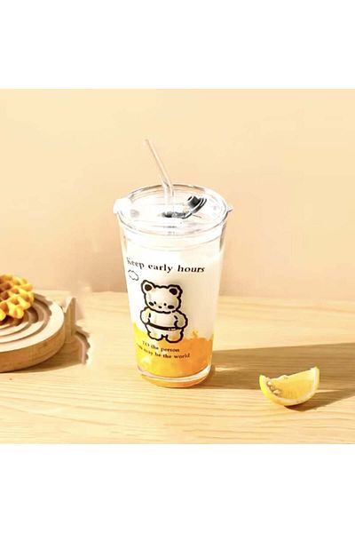 PUFO Cană de cafea transparentă din sticlă cu capac, 450 ml, model Bear