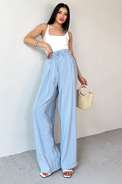 Cappmoda Pnt-07418 Baby Blue Loose Trousers with Elastic Waist and Ties