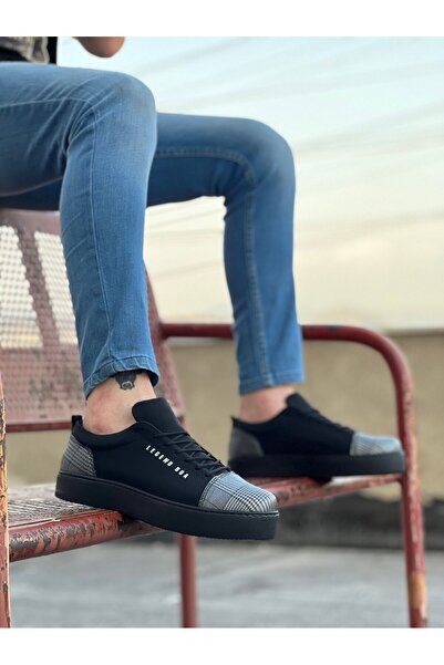 pabucmarketi Lace-Up Plaid Detailed Men's Sports Shoes Black Suede (Black Sole)