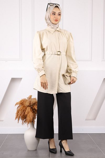 İmajButik Μπεζ ζωνισμένο Modal Tunic