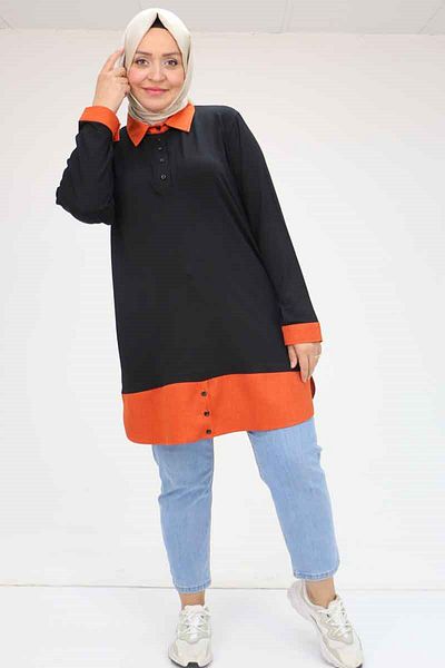 Eslina 58035 Large Size Combination Combed Cotton Tunic - Black-Tile