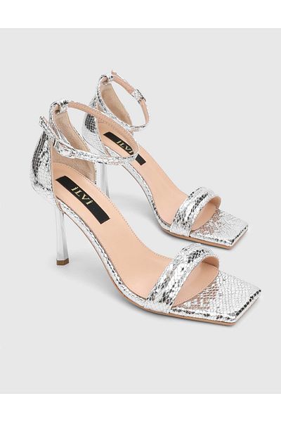 İLVİ Valdez Snake Printed Leather Silver Women's Heeled Sandals