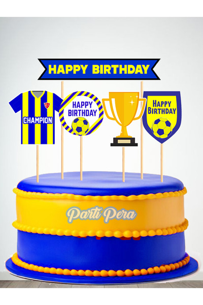 parti pera Sarı Lacivert Şekilli Futbol Temalı Pasta Süsü 5 Parça