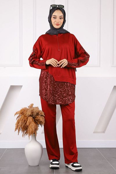 İmajButik Κοστούμι παντελόνι με λεπτομέρεια από μπορντό παγιέτες