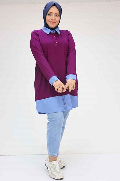 Eslina 58035 Large Size Combination Combed Cotton Tunic - Plum