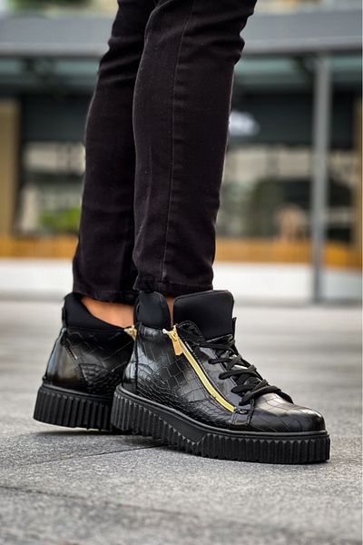 pabucmarketi Lace-Up Double Zipper Men's Sports Boots Black (Black Sole)