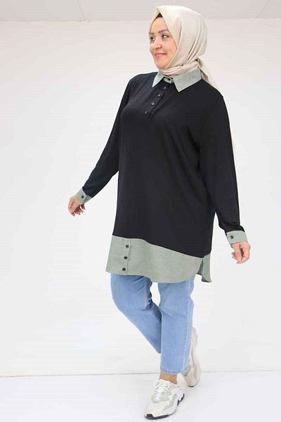 Eslina 58035 Large Size Combination Combed Cotton Tunic - Black-Nefti