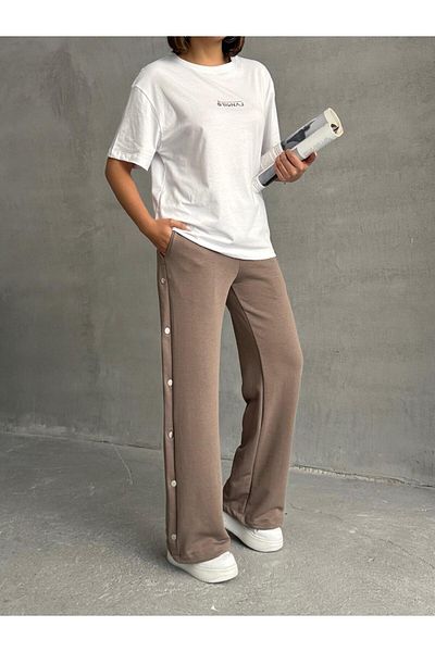 Cappmoda TKM-0049 Καφέ Γνήσιο Μπλουζάκι με Έγχυση Κειμένου με στάμπα με λαιμόκοψη με λεπτομέρεια ελαστικής μέσης