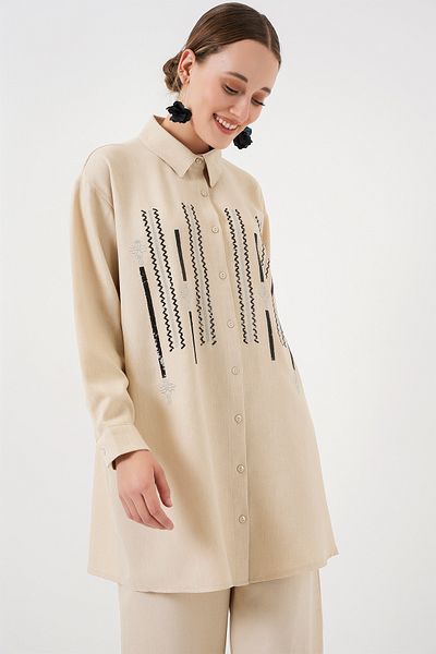 Bigdart Παντελόνι με σχέδιο Tunic Σετ δύο τεμαχίων 6720 - Κρέμα