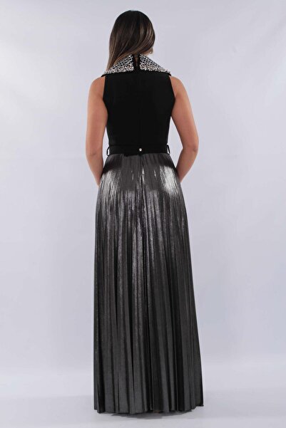 aşkın göksu Siyah Gömlek Yaka Beden Balen Ve İnci Detaylı Piliseli Etekli Kad...