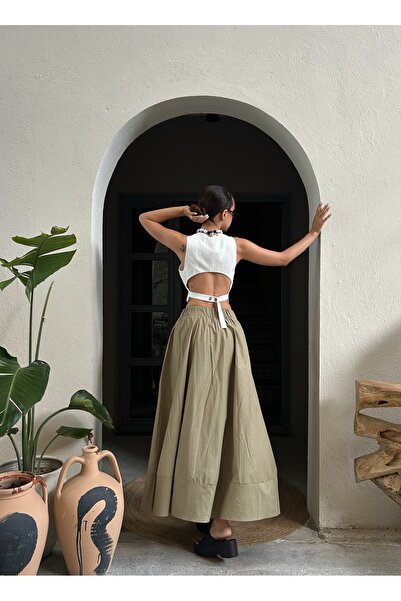 minaaise Haki Poplin Beli Lastikli Uzun Etek 27321