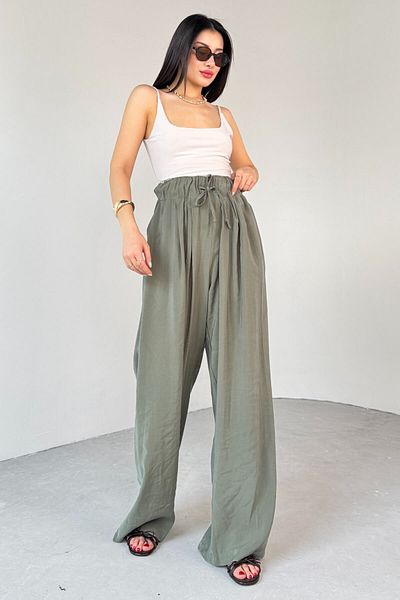 Cappmoda Pnt-07418 Khaki Elastic Waist Tied Casual Trousers