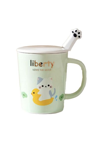 PUFO Ceramic mug with lid and Pufo Love Kitty spoon for coffee or tea, 250 ml, green
