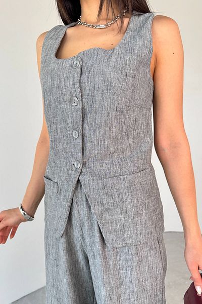 Cappmoda Tkm-13275 Gray Square Collar Vest Tie-Up Trousers Linen Double Set