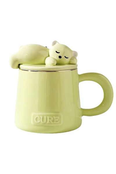 PUFO Sleepy Bear ceramic mug with lid and spoon for coffee or tea, 320 ml, green