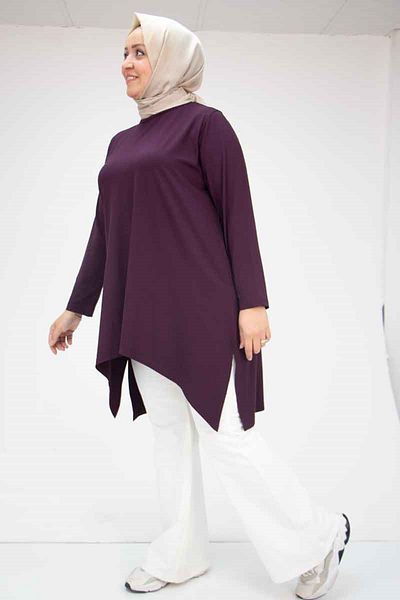 Eslina 58070 Large Size Asymmetrical Cut Combed Cotton Tunic - Purple