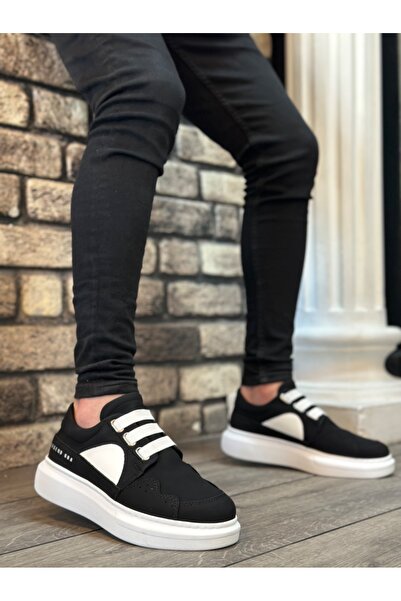 pabucmarketi Laceless Elastic Casual Men's Shoes Black White (White Sole)