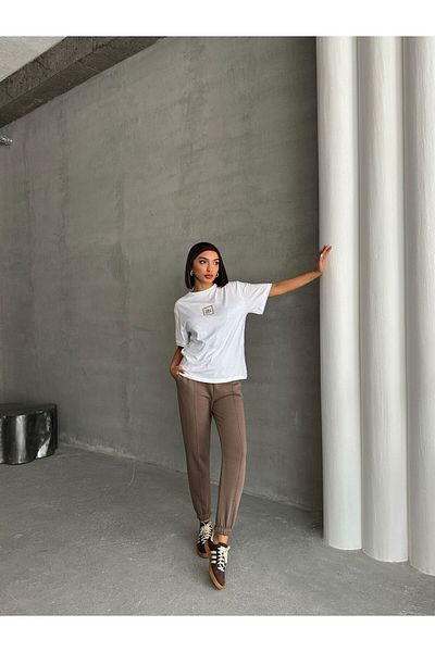 Cappmoda TKM-0047 Καφέ Παρασκευή Γραπτή Εκτύπωση Injection T-Shirt με λαιμόκοψη με λεπτομέρεια ετικέτας μέσης ελαστική Jo