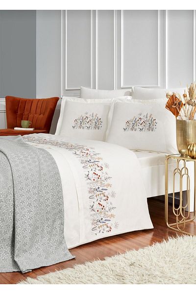 Özdilek Özdi̇lek Double Personality Embroidered Pique Duvet Cover Set Bride Set 7 Pieces