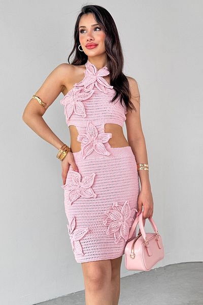 Cappmoda Tkm-13276 Powder Floral Patterned Blouse Skirt Knitted Double Set