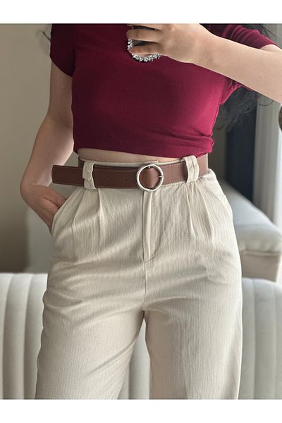 Elegant Λινό παντελόνι με ζώνη με ελαστική μέση
