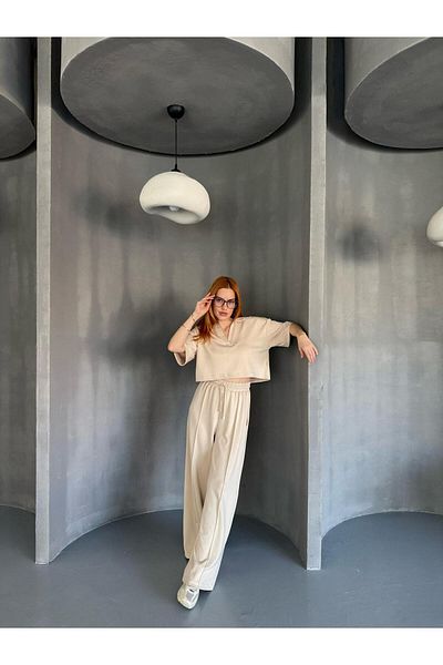 Cappmoda TKM-1112 Μπεζ Χρώμα Modal Υφασμάτινη μπλούζα Polo V λαιμόκοψη Ελαστική μέση Palazzo Σετ δύο κάτω