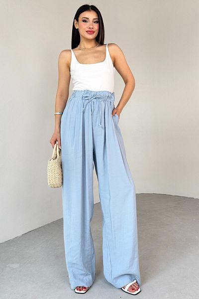 Cappmoda Pnt-07418 Baby Blue Loose Trousers with Elastic Waist and Ties