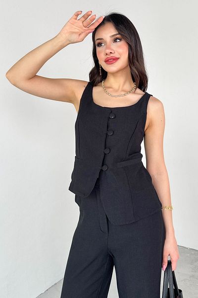 Cappmoda TKM-13277 طقم سترة بالازو بياقة دائرية باللون الأسود مكون من قطعتين