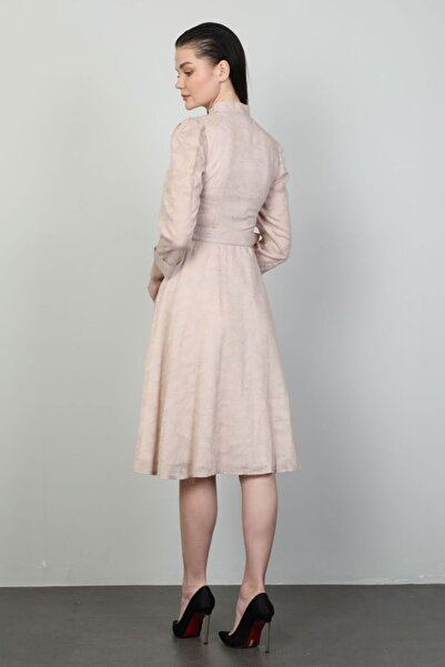 Bonesti Stylish Midi Beige Dress with Judge Collar and Belt Detail