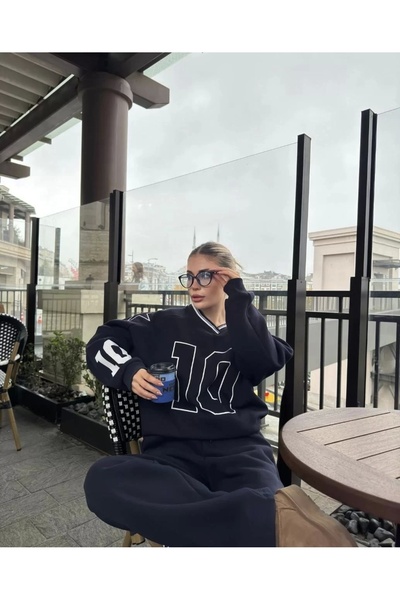 MÇ Plus    V-Neck Three Thread Sweat Set - Black