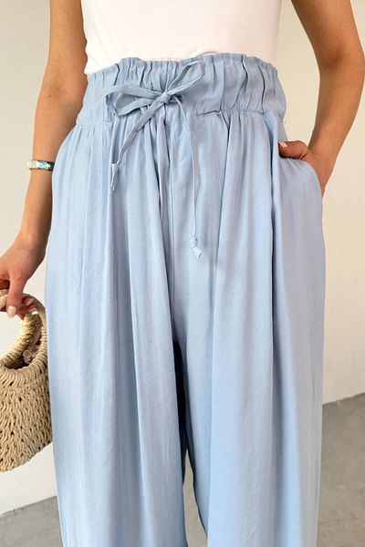 Cappmoda Pnt-07418 Baby Blue Loose Trousers with Elastic Waist and Ties