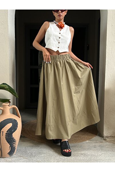 minaaise Haki Poplin Beli Lastikli Uzun Etek 27321