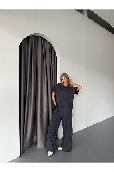 Cappmoda TKM-1111 Navy Blue κοντομάνικη μπλούζα Çimalı Loose Palazzo Bottom Διπλό Σετ