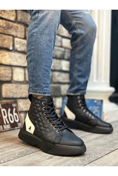 pabucmarketi Lace-Up Quilted Men's Sports Boots Black White (Black Sole)