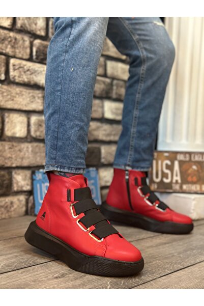 pabucmarketi Men's Sport Boots with Straps and Zipper Red (Black Sole)