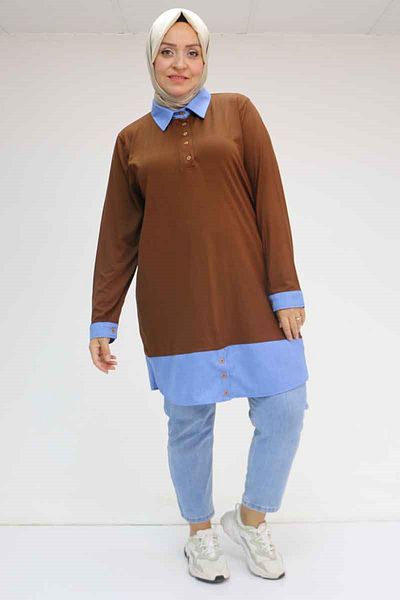 Eslina 58035 Large Size Combination Combed Cotton Tunic - Brown