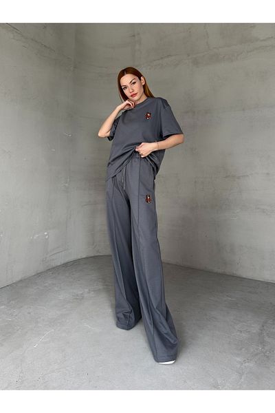 Cappmoda Tkm-0053 Smoked Teddy Bear Pattern Embroidered Crew Neck T-Shirt Waist Tie Grass Palazzo Pants Double