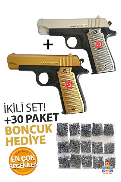 PapatyamPartiEvi Türk Bayraklı Boncuklu Oyuncak Tabanca İkili Paket | Altın ve Gümüş Renk | Hediye 30 Paket Boncuk
