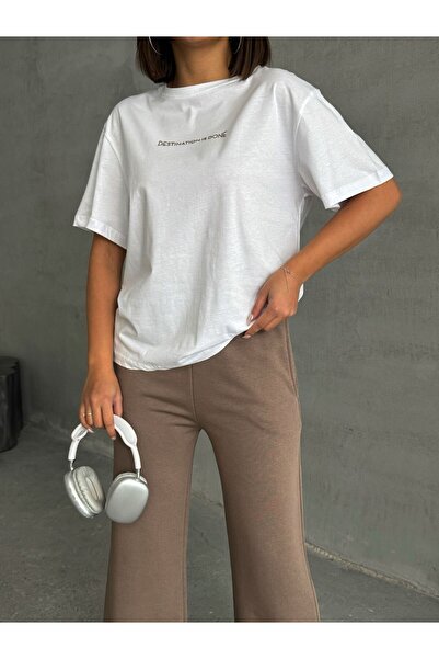 Cappmoda Tkm-0048 Brown Destination Is Done Text Injection Print Crew Neck T-Shirt Label Detail Pala