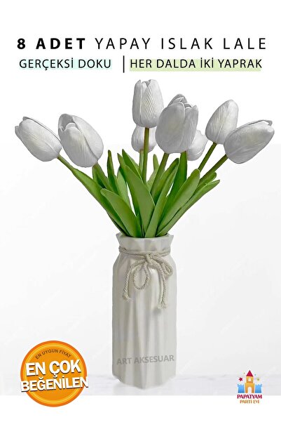 PapatyamPartiEvi باقة زهور التوليب الاصطناعية ذات ملمس واقعي باللون الأبيض - ...