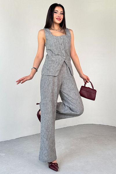 Cappmoda Tkm-13275 Gray Square Collar Vest Tie-Up Trousers Linen Double Set