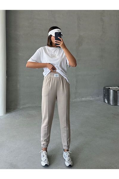 Cappmoda Tkm-0047 Stone Color Friday Written Injection Print Crew Neck T-Shirt Label Detail Waist Elastic Jog