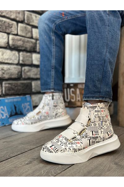pabucmarketi Banded Zippered Men's Sports Boots White Printed (White Sole)