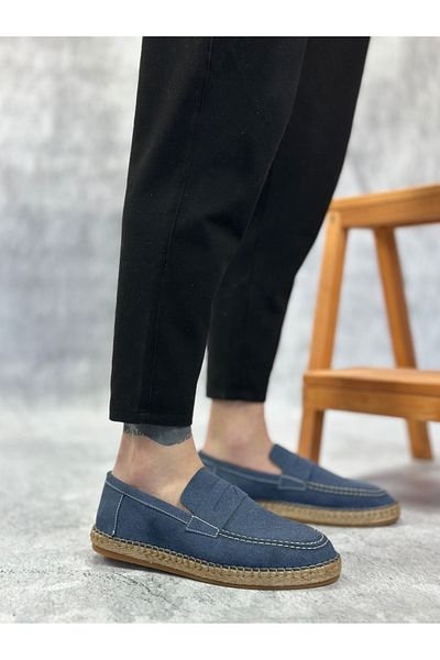 pabucmarketi Laceless Natural Leather Powder Rubber Handmade Espadrille Men's Shoes Blue