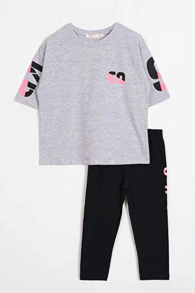 zepkids Короткий рукав, сірий меланжевий колір, комплект для дівчаток з лосинами